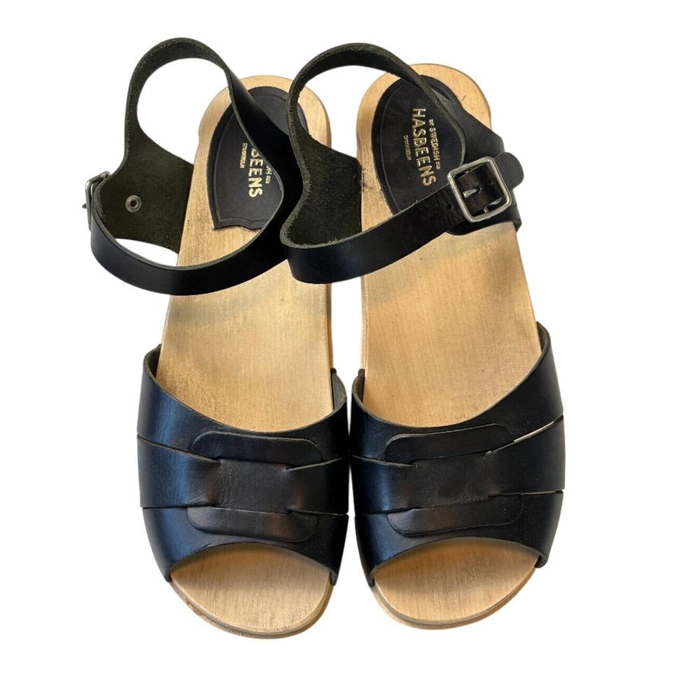 Swedish Hasbeens Black Leather Wooden Clog Sandals Ankle Strap EU 39